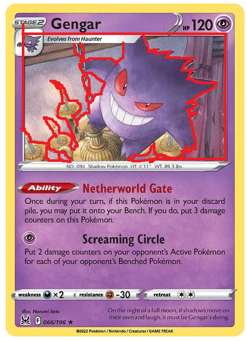 A red outline to indicate where to cut on the Pokemon card.